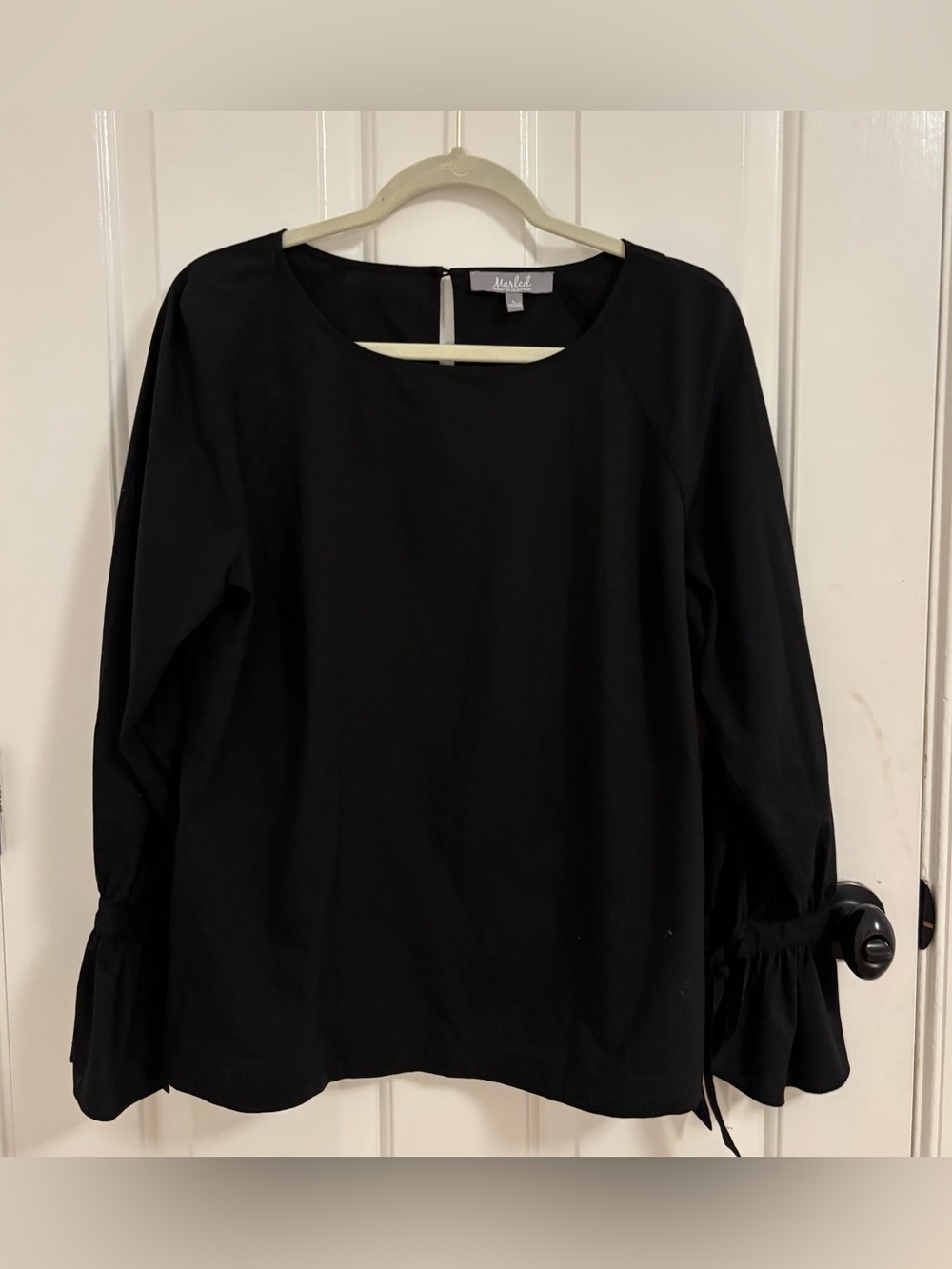 Marled Cotton Black Long-Sleeve Blouse with Tie Detail Size Large L